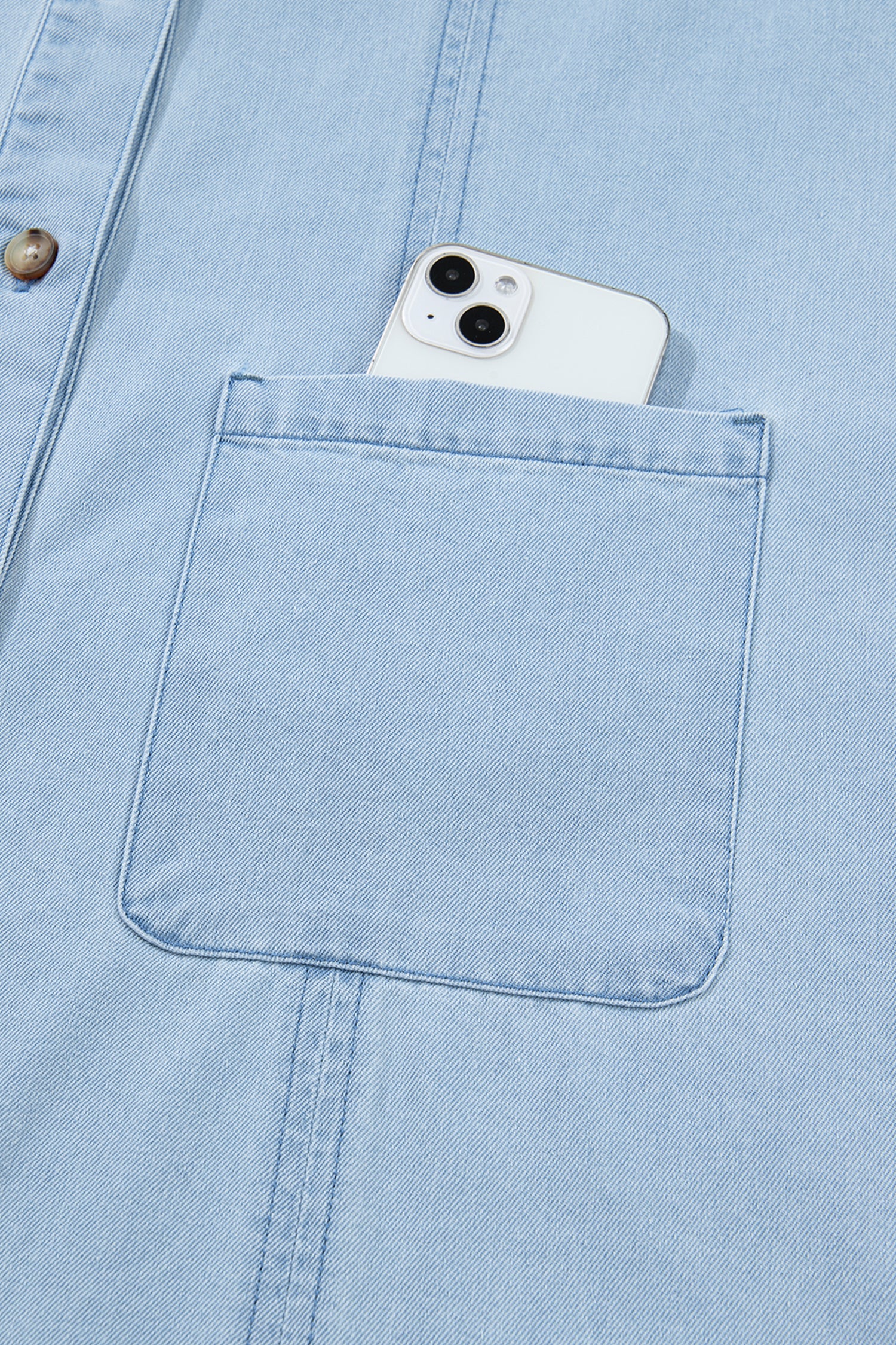 Chic Beau Blue Ruffled Edge Collared Shift Denim Dress with Pockets