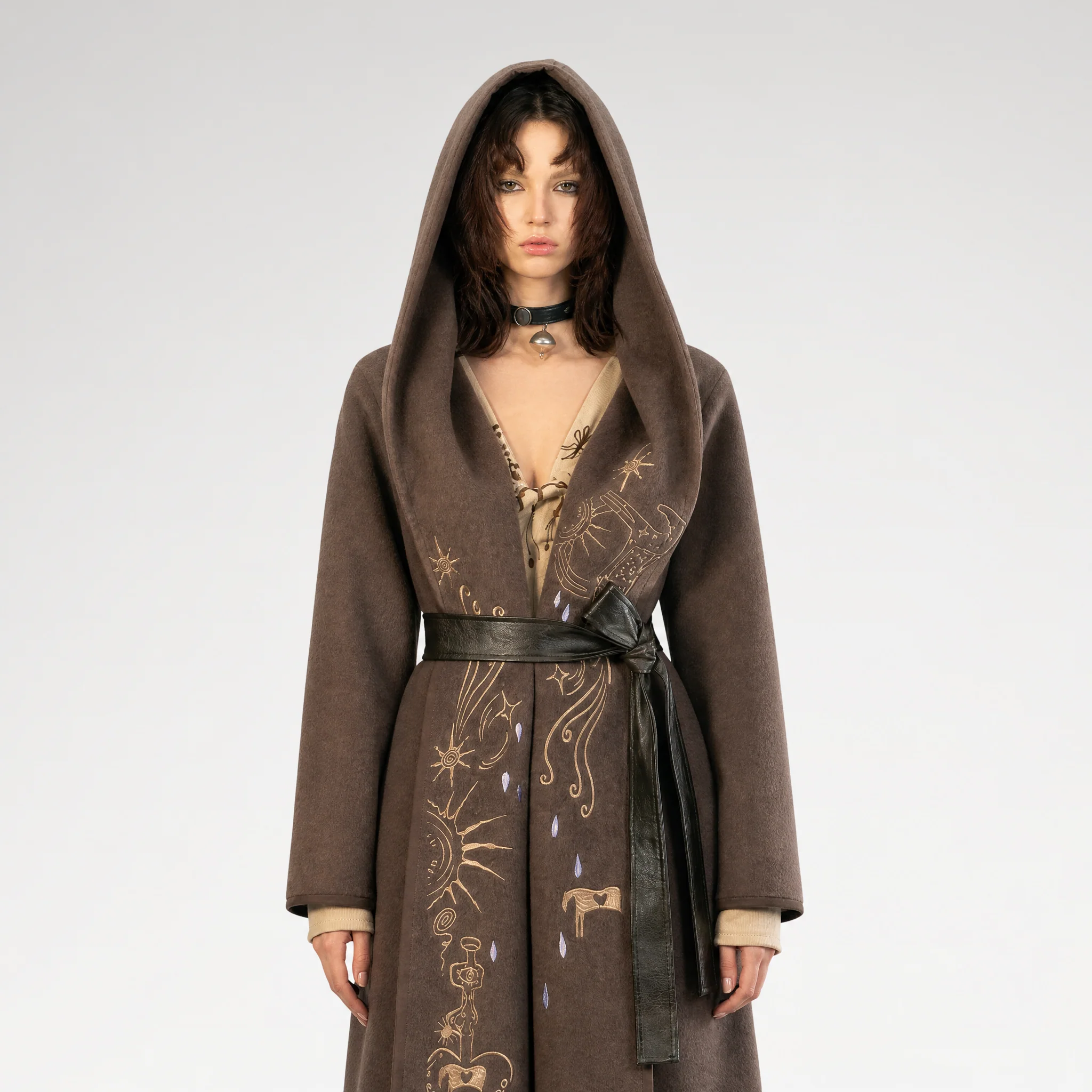 Embroidered Hooded Wool Coat