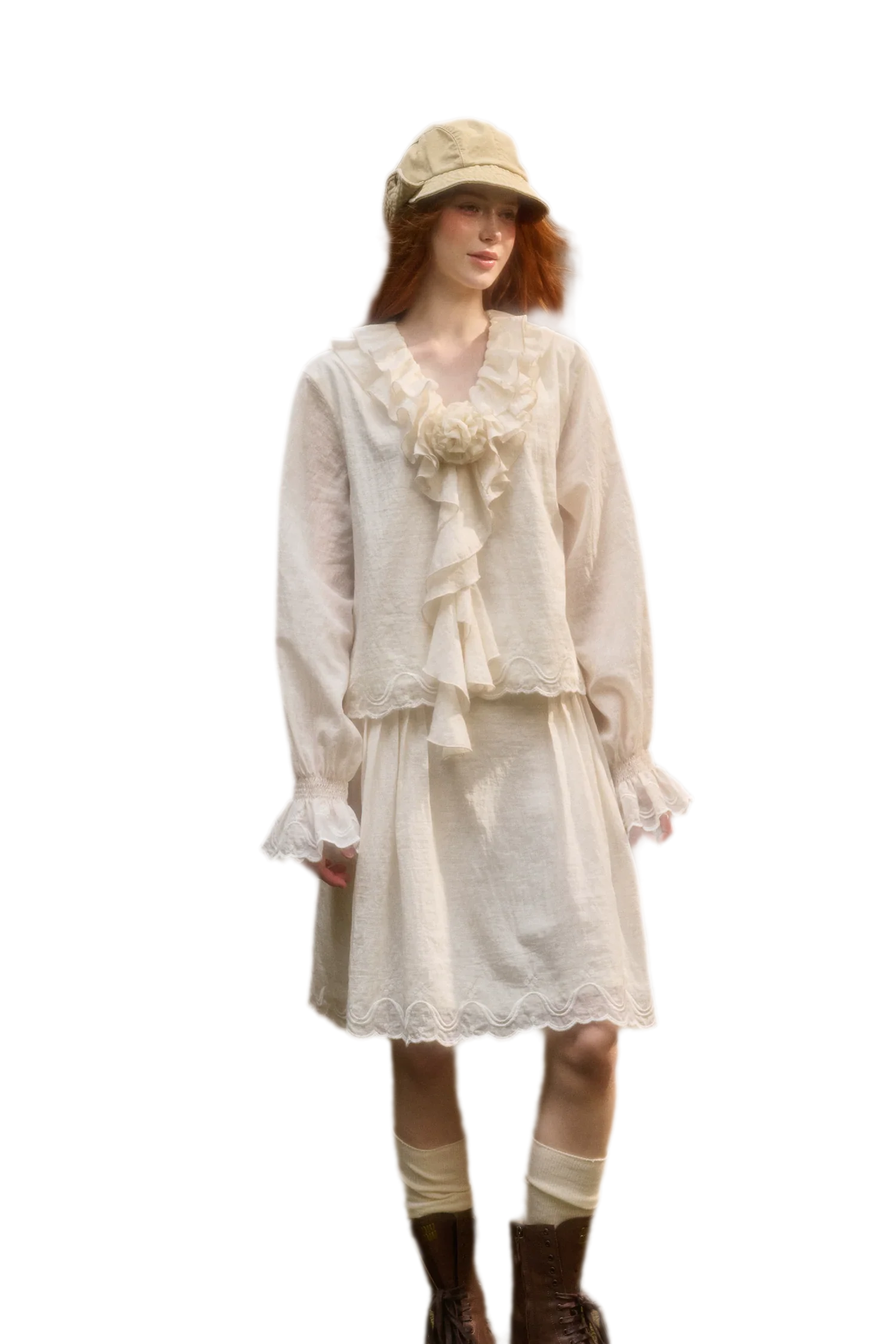 Embroidered Ruffle Blouse Skirt Set