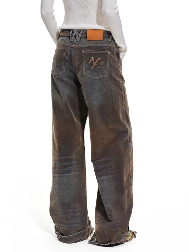 Terracotta Velvet-Washed Wide-Leg Jeans