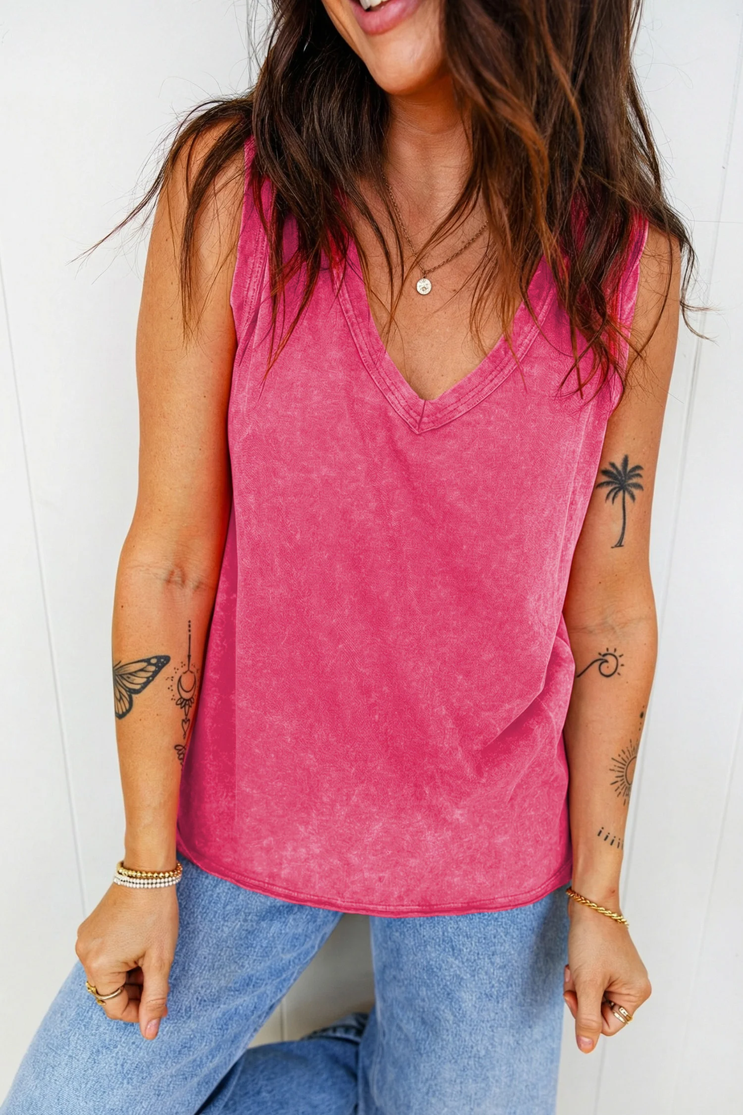 Summer Rose Red Mineral Wash V Neck Tank Top