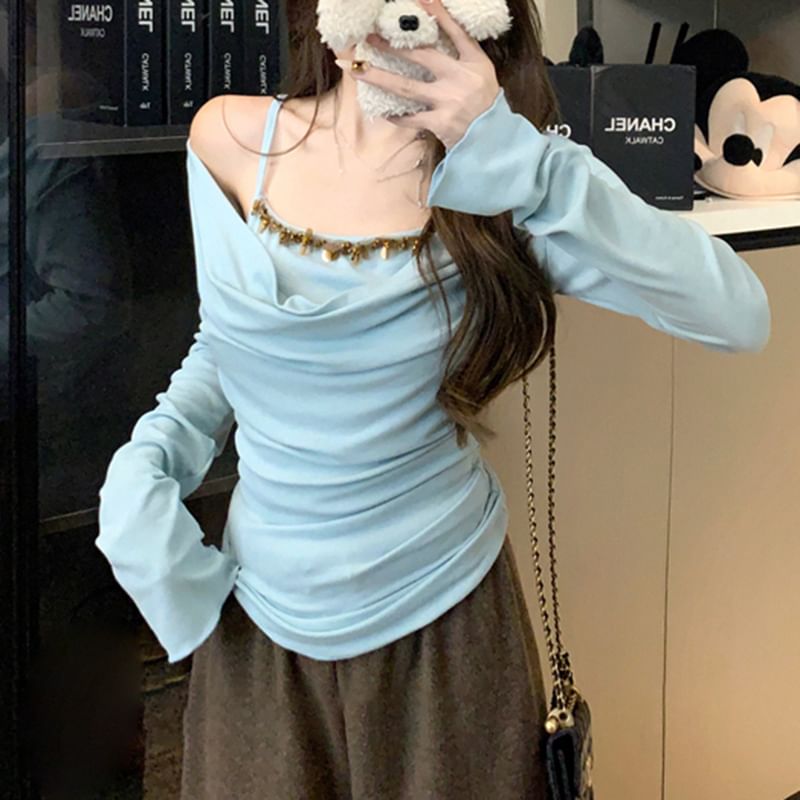Off Shoulder Long Sleeve Mock Two Piece Top