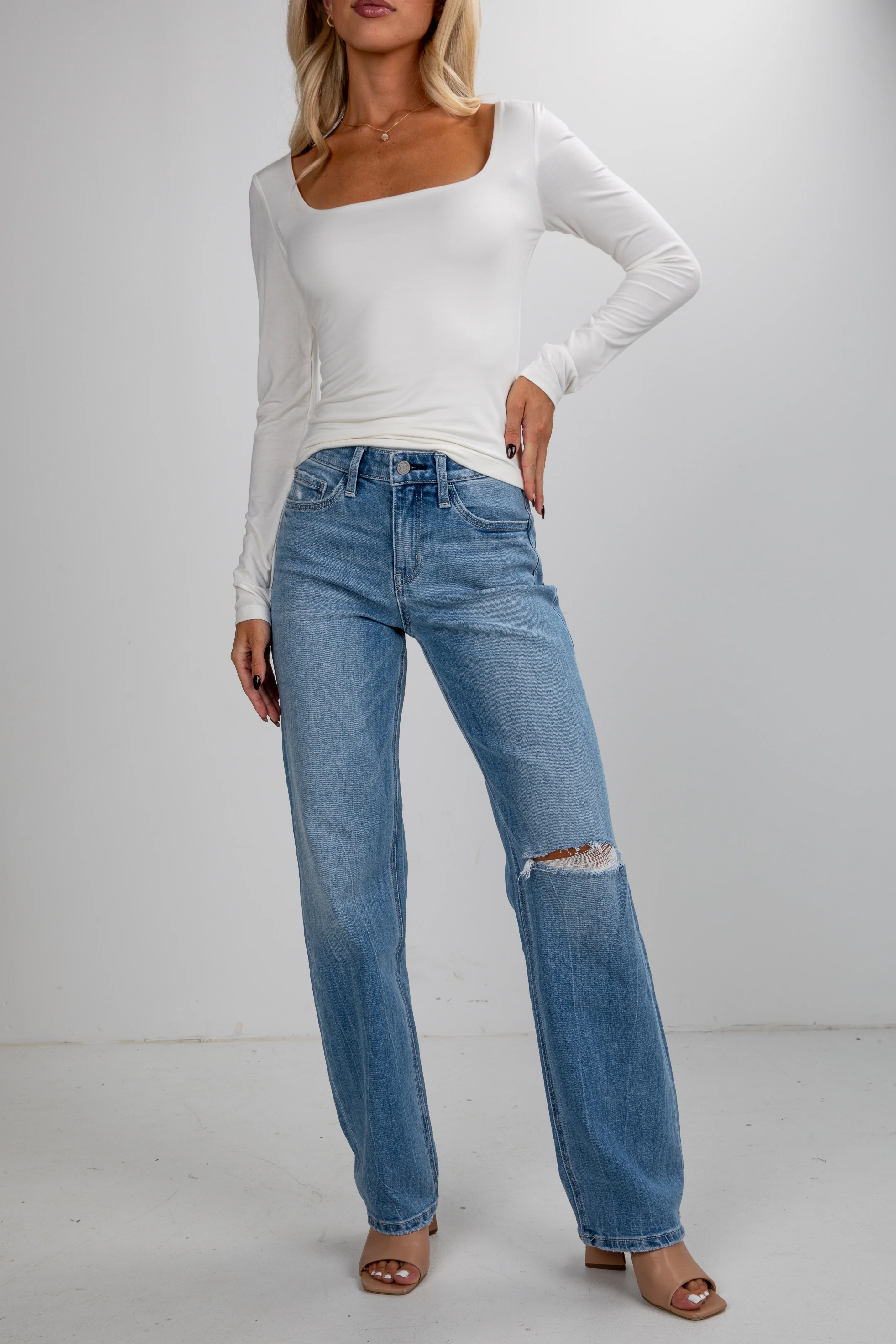 Light Wash High-Rise Distressed Slim Wide Leg Jeans
