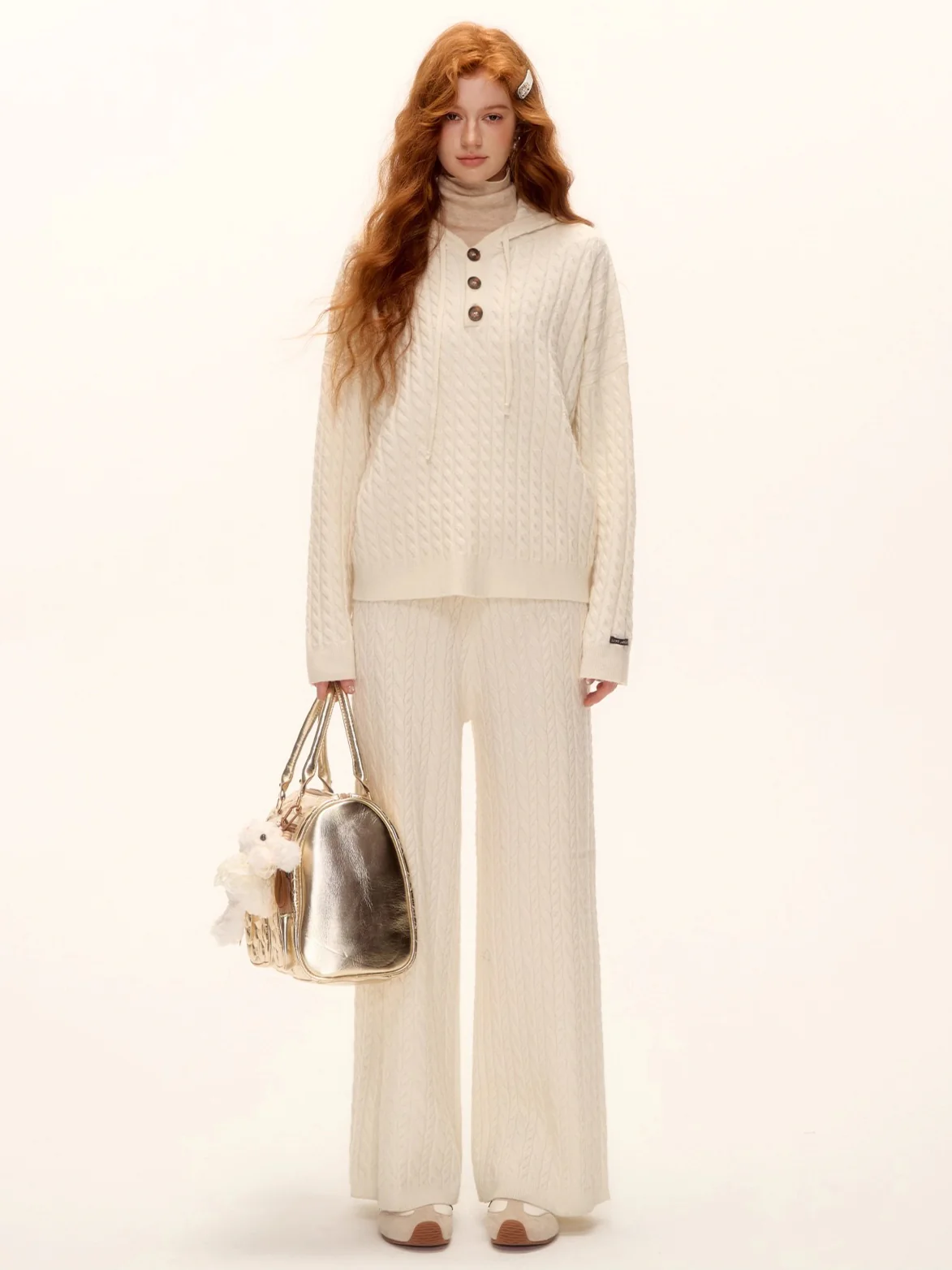Wool Blend Cable Knit Hoodie & Wide-Leg Pants Set
