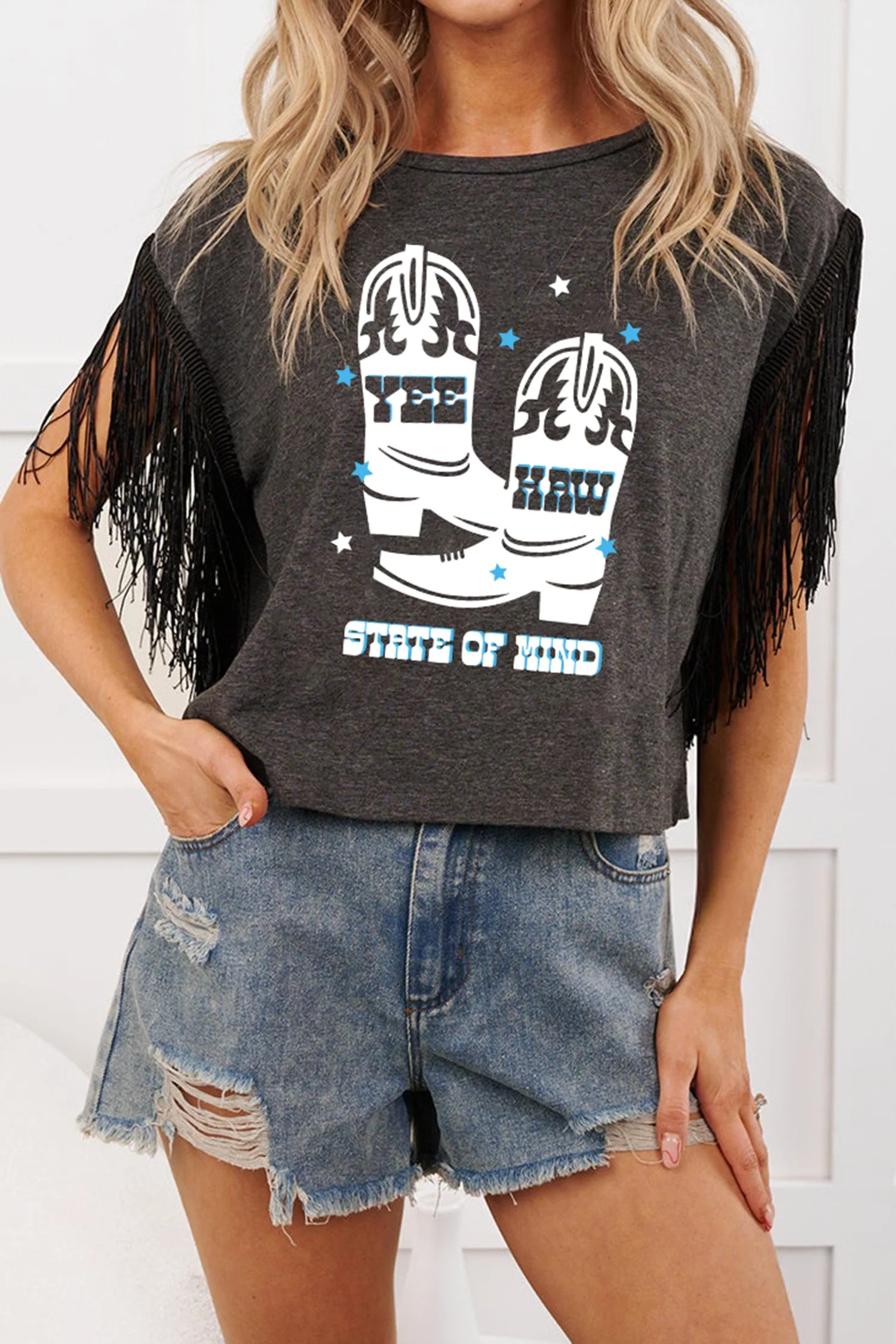Carbon Grey YEE HAW Boots STATE OF MIND Fringed Sleeve Tee