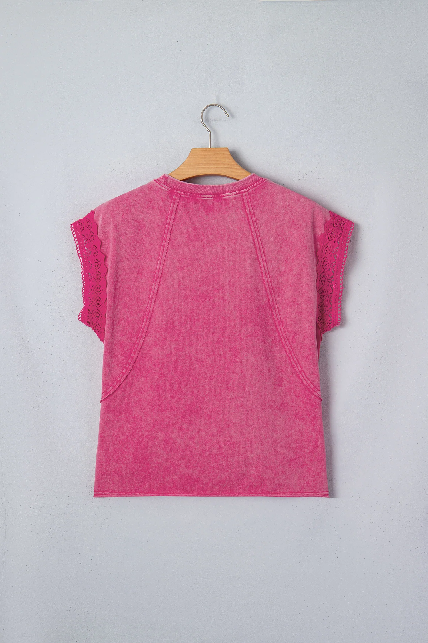 Pink Mineral Wash Raw Seam Detail Lace Trim Cap Sleeve Top