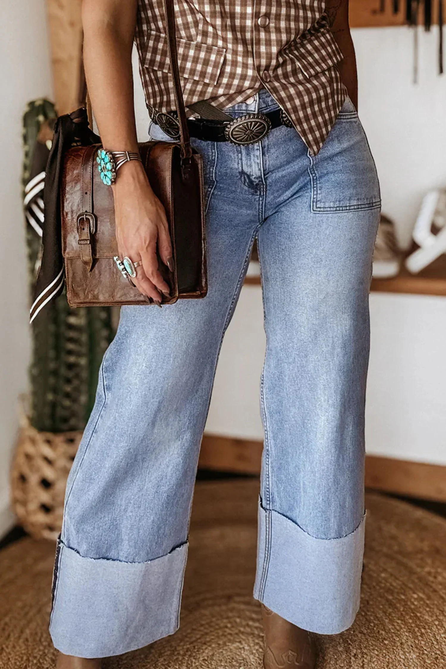 Fashion Beau Blue Turn-up Cuffs Womens Loose Jeans