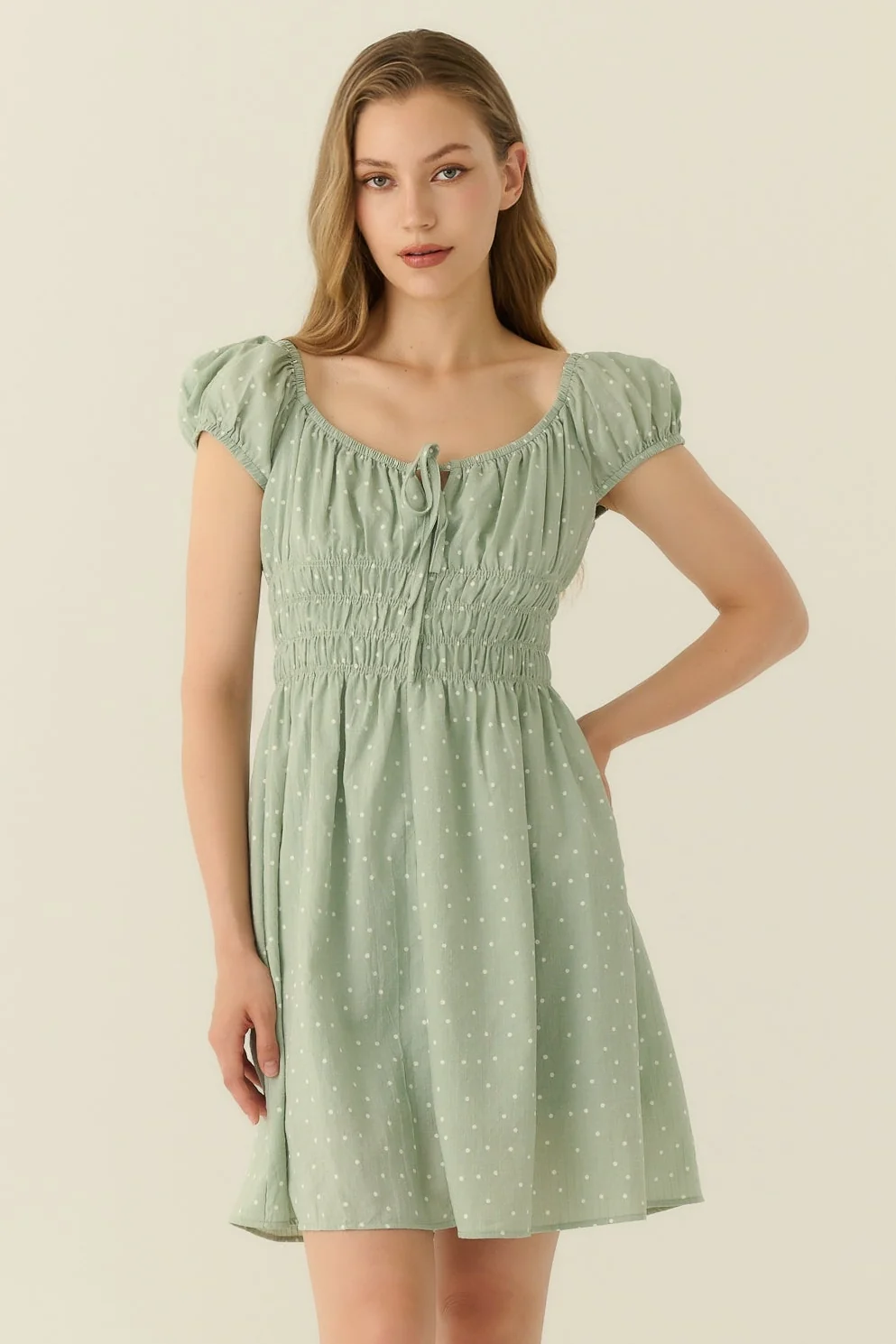 Green polka dots mini dress