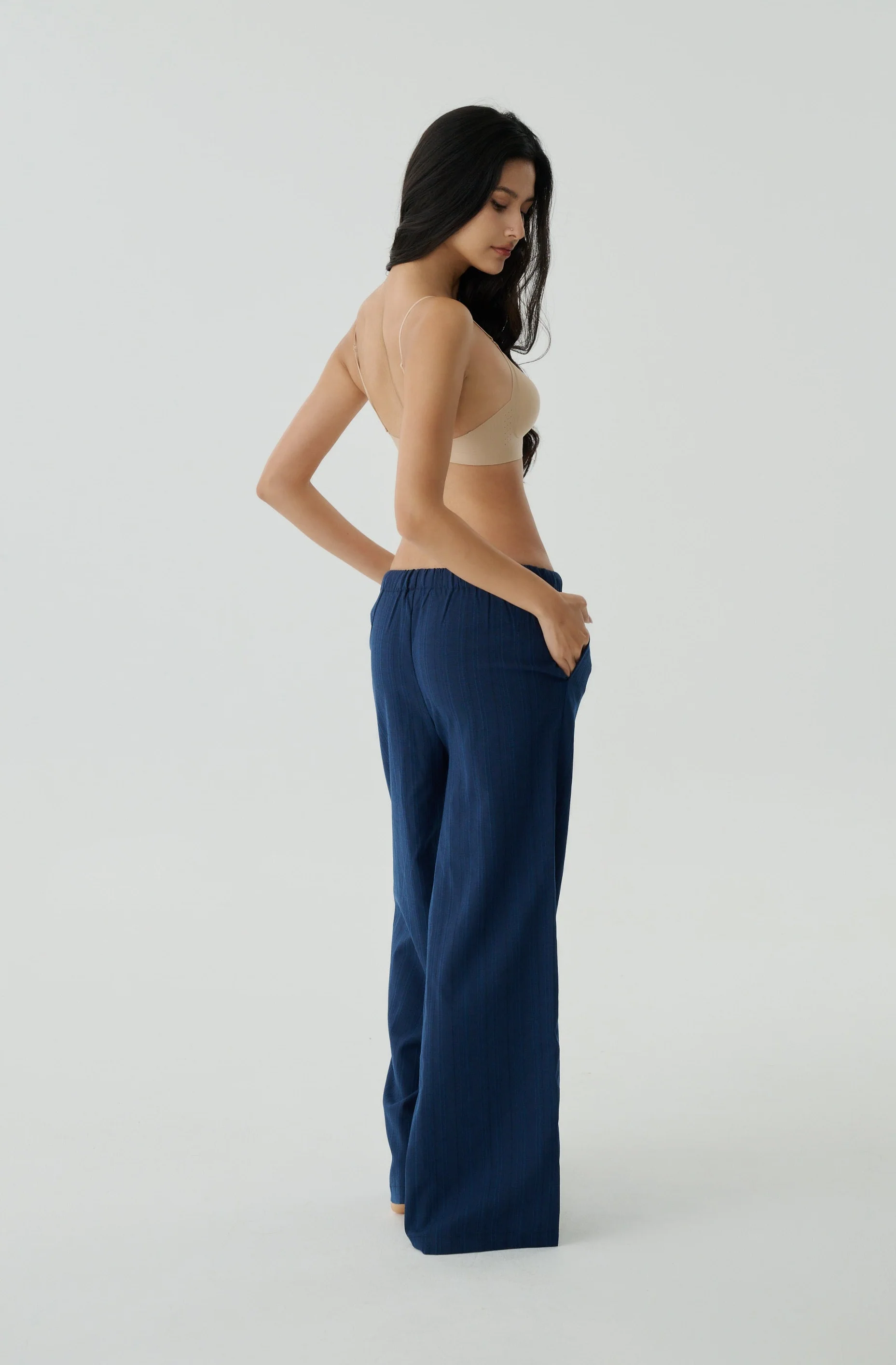 Max comfy linen stripes pants in navy