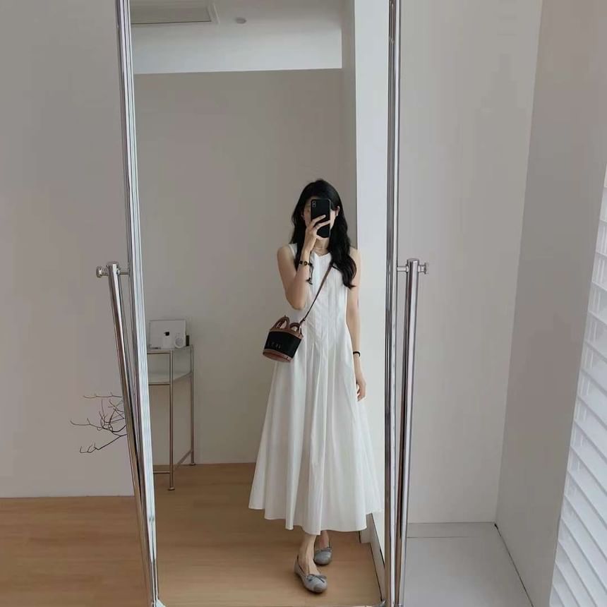 Midi Pleated Dress Plain A-Line Sleeveless Crew Neck