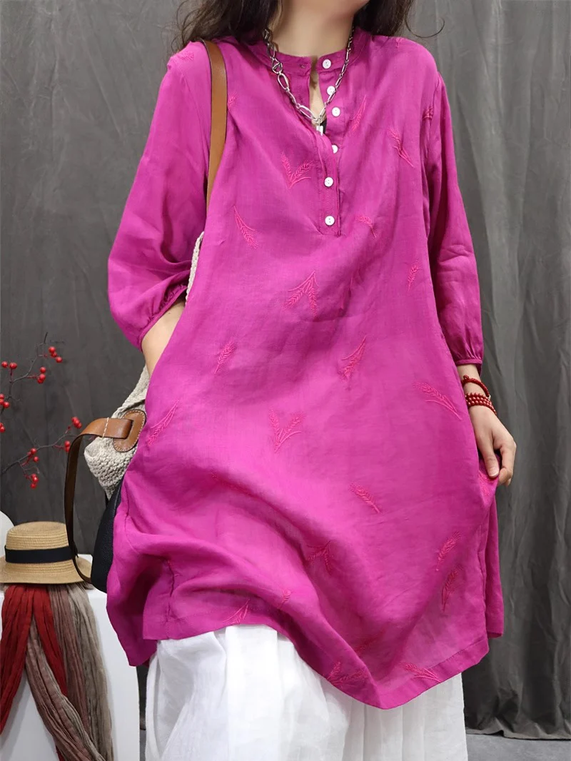 Spring Retro Cotton Linen Stand Collar Shirt