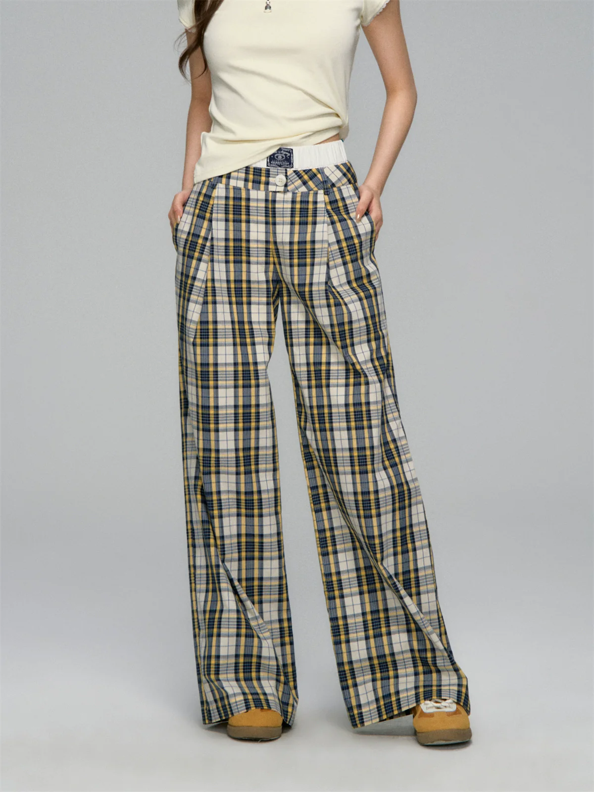 White Waistband Spliced Plaid Trousers