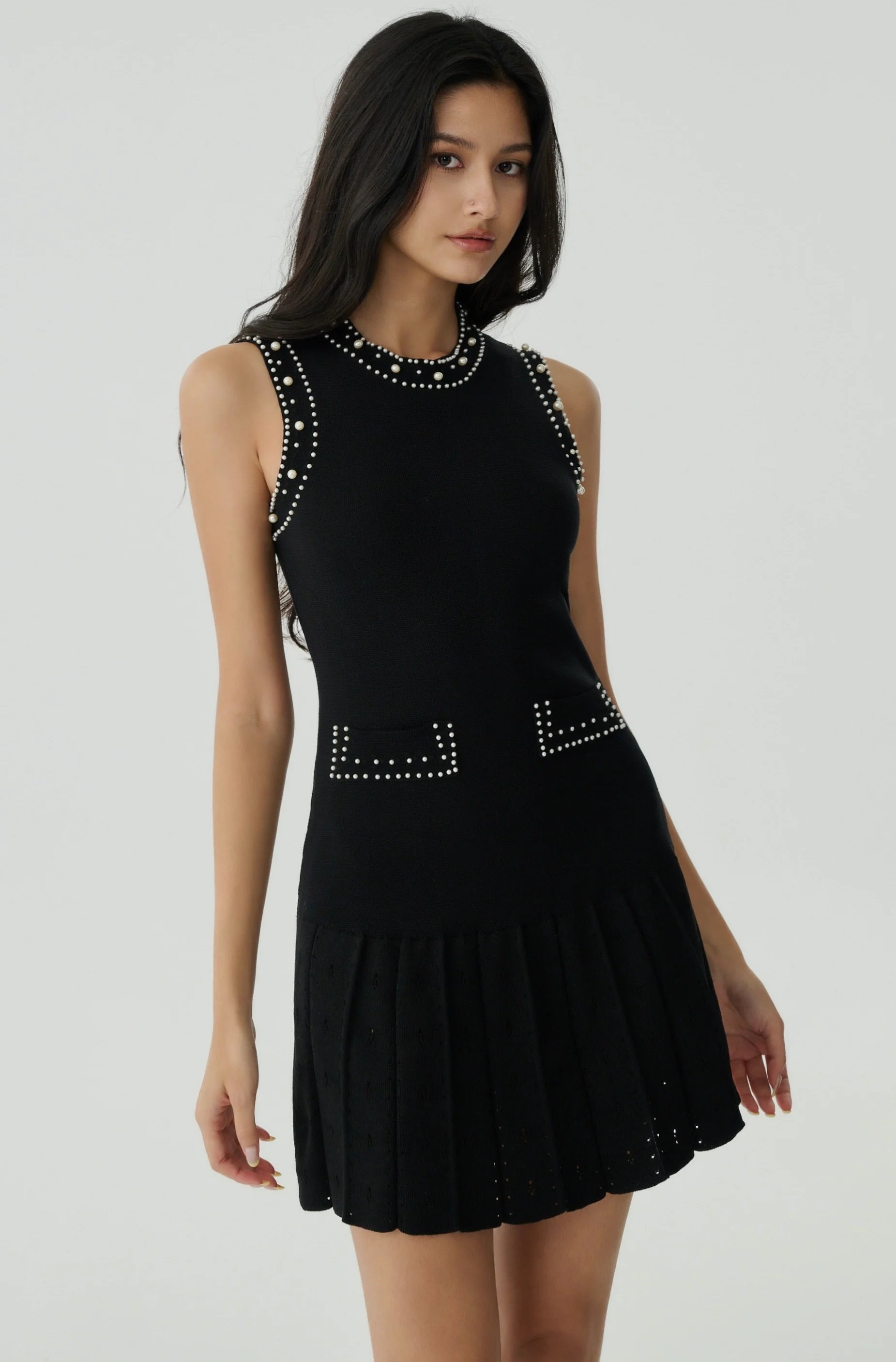 Hand beaded embroidery knit mini dress