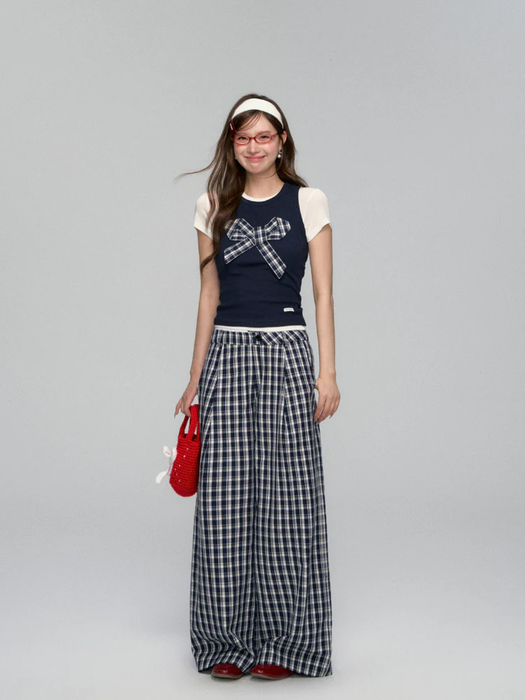 White Waistband Spliced Plaid Trousers