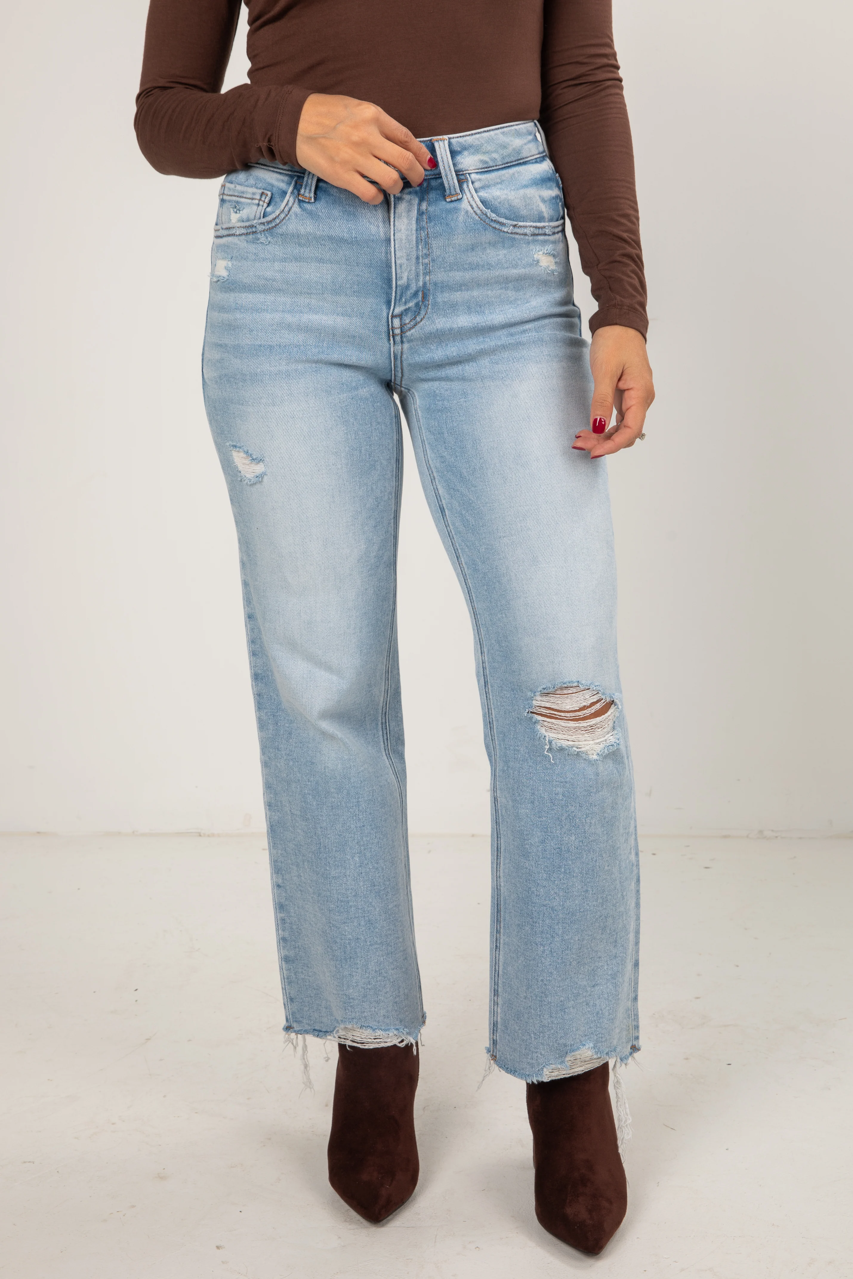 Light Wash High-Rise Distressed Slim Wide Leg Jeans