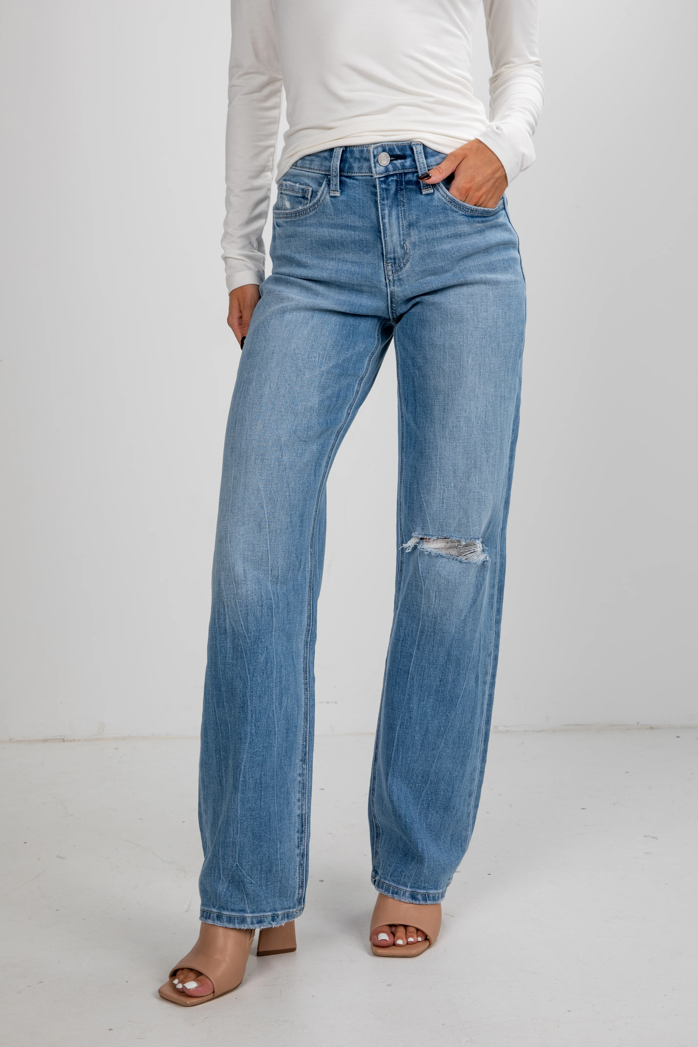Light Wash High-Rise Distressed Slim Wide Leg Jeans