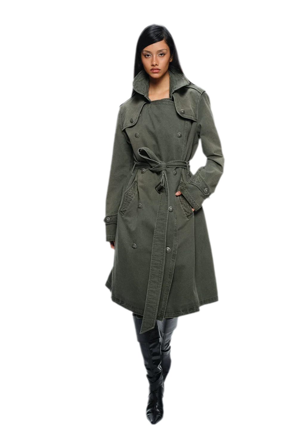 Washed Military Green Trench Coat