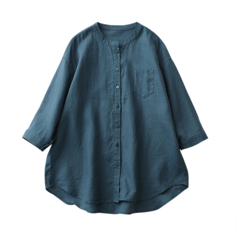 Summer Cotton Linen Stand Collar 3/4 Sleeves Shirt