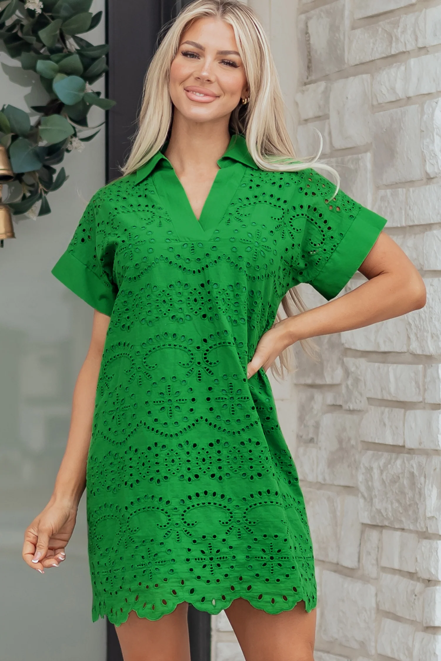 Solid Color Eyelet Embroidered T Shirt Mini Dress