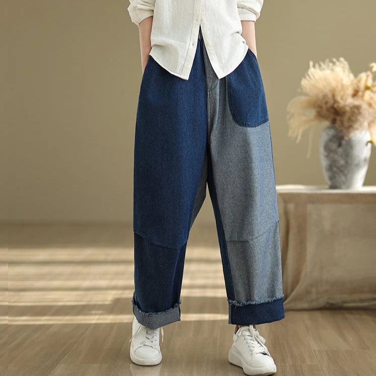 Women Spring Vintage Patchwork Denim Loose Wide-Leg Pants
