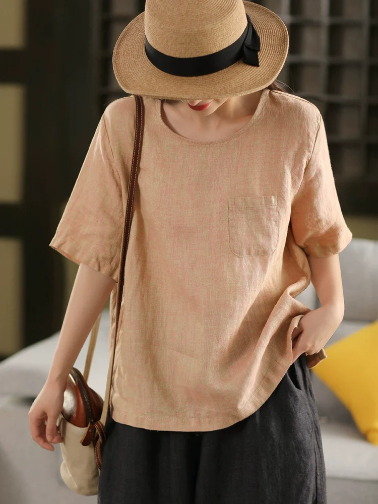 Women Vintage Casual Linen Loose Fit Short Sleeve Pullover Shirt