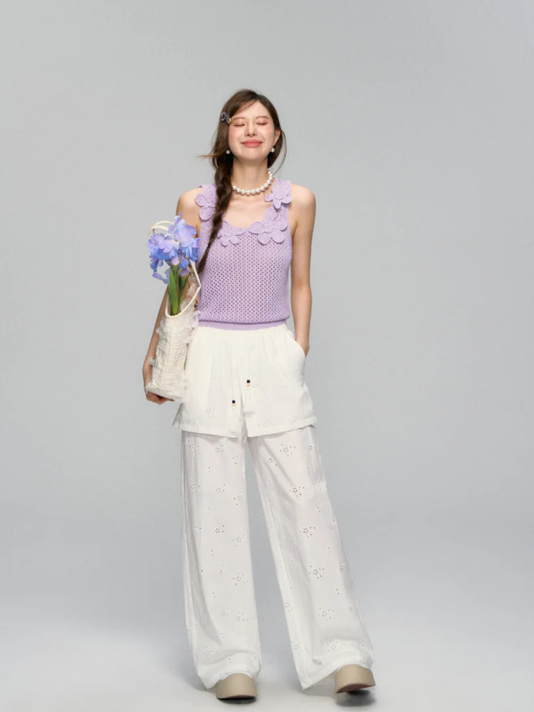 Hollow-Out Fauk Two Piece High-Waist Pants
