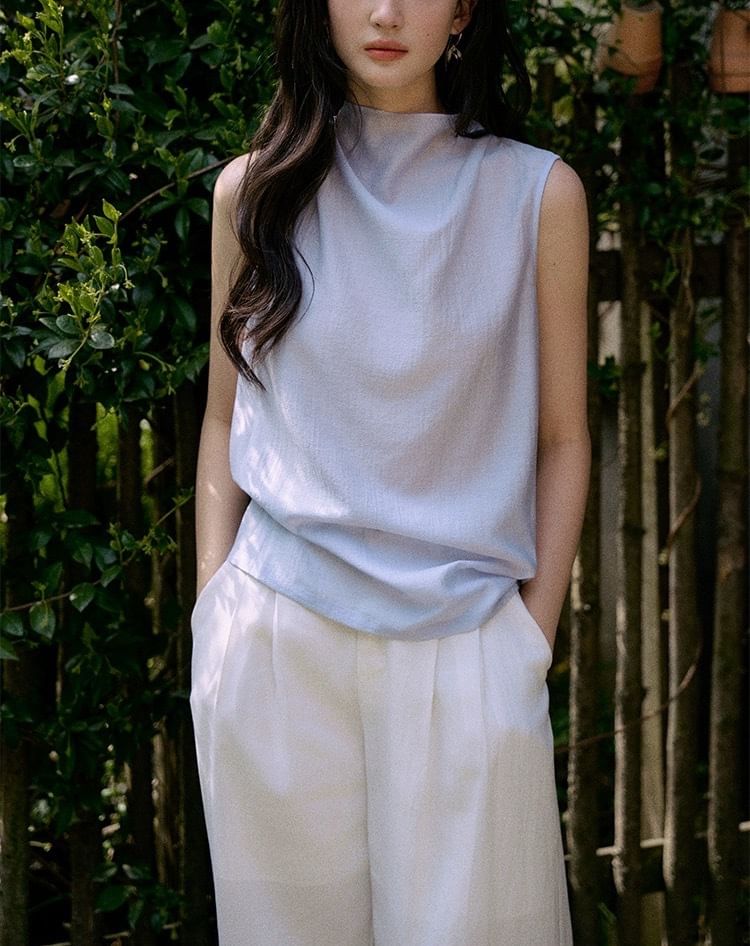 Neck Plain Blouse Mock Sleeveless