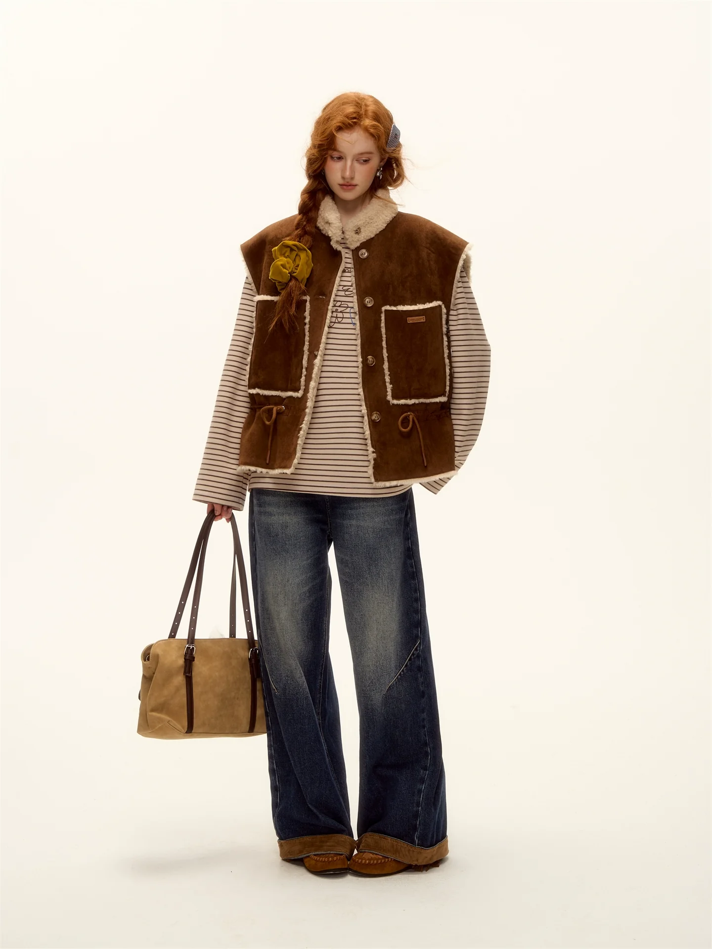 Suede-Panel Washed Denim Wide-Leg Jeans