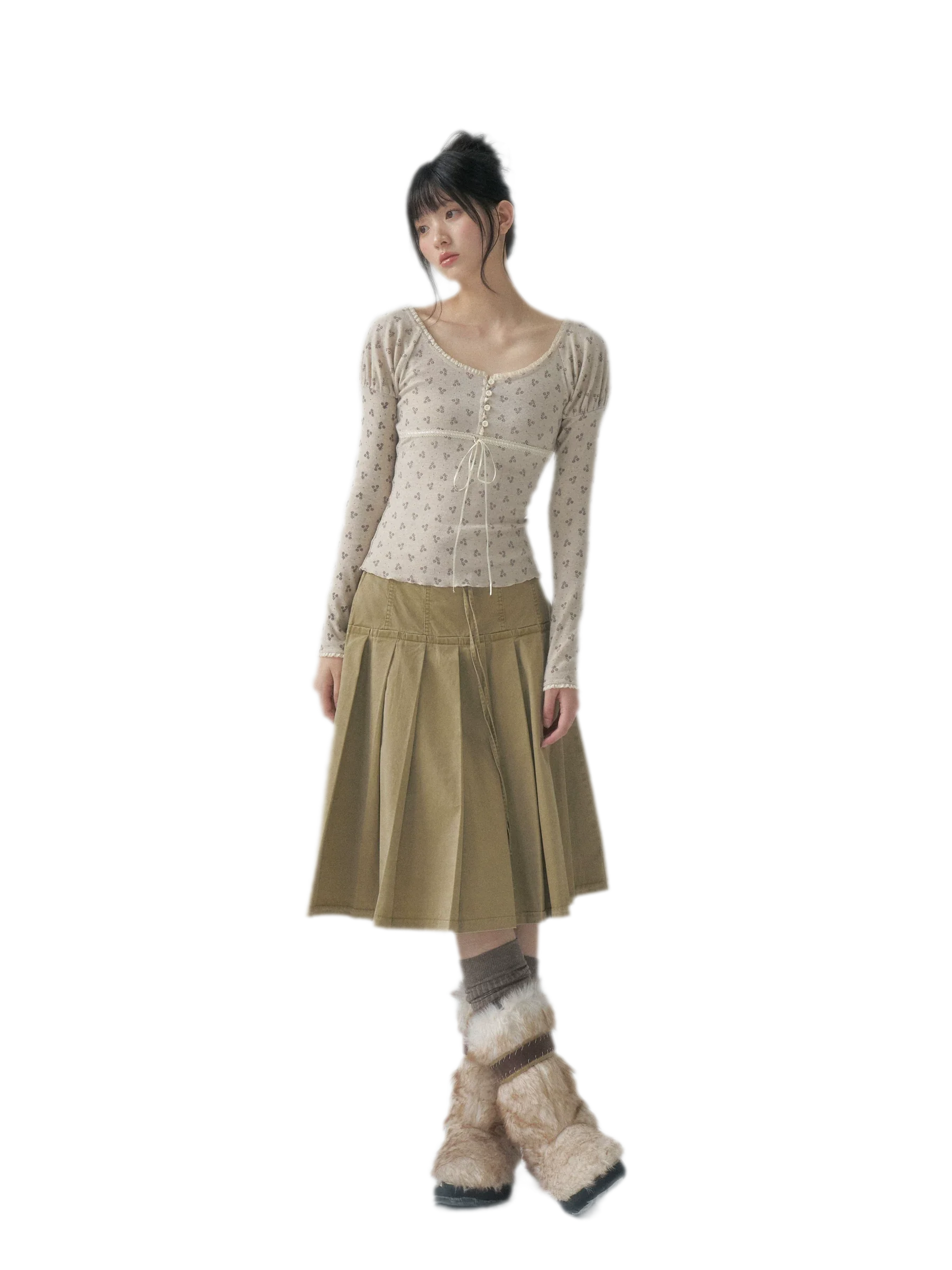 Washed Pleated A-Line Midi Skirt
