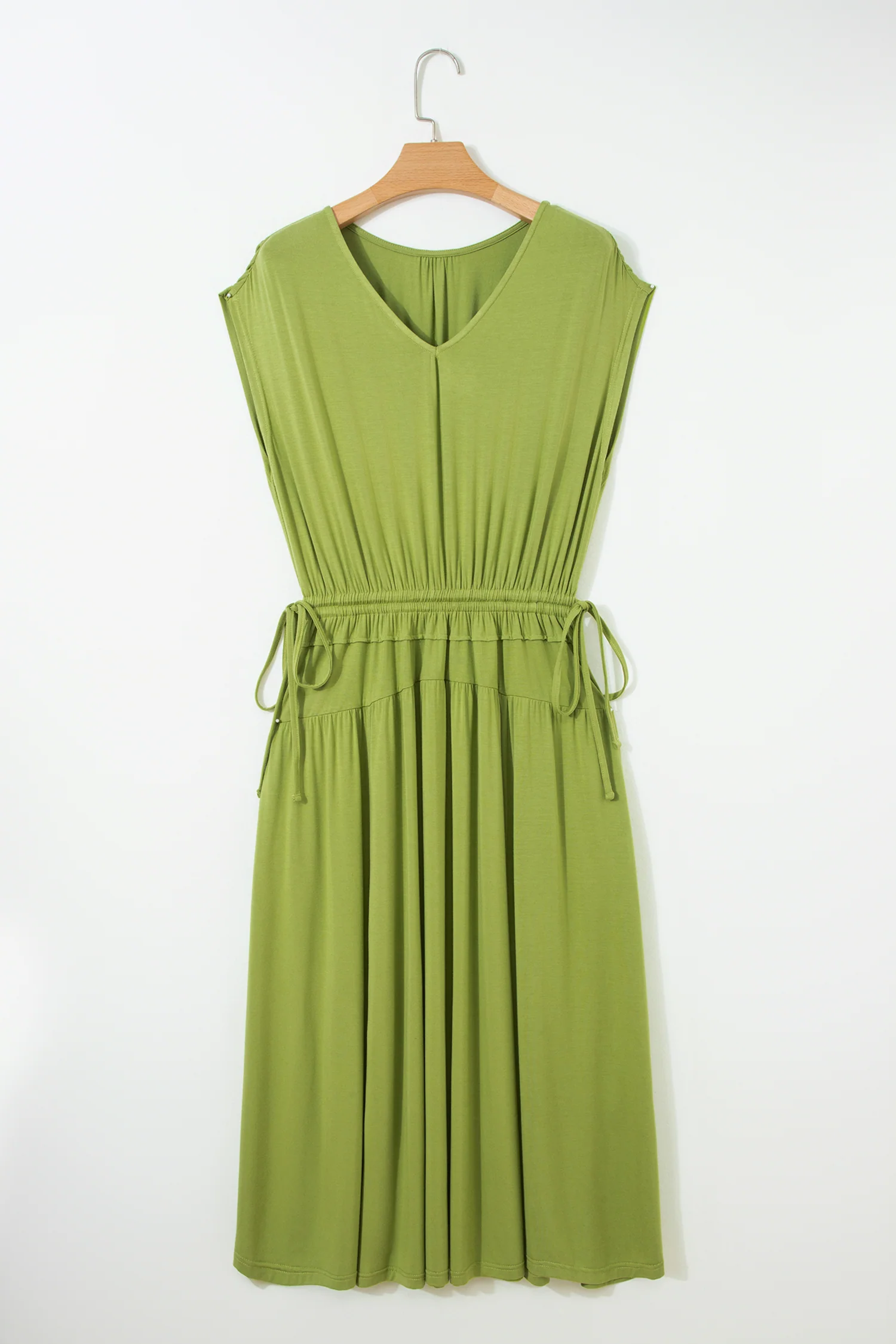 Solid V Neck Cap Sleeve Tunic Elastic Waist Versatile Maxi Dress