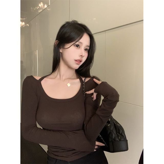 Cold-Shoulder T-Shirt Long-Sleeve Plain Crop