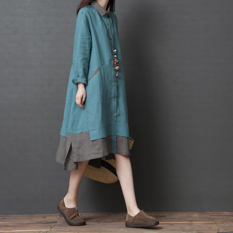 Spring Cotton Linen Loose Spliced Color Shirt Dress