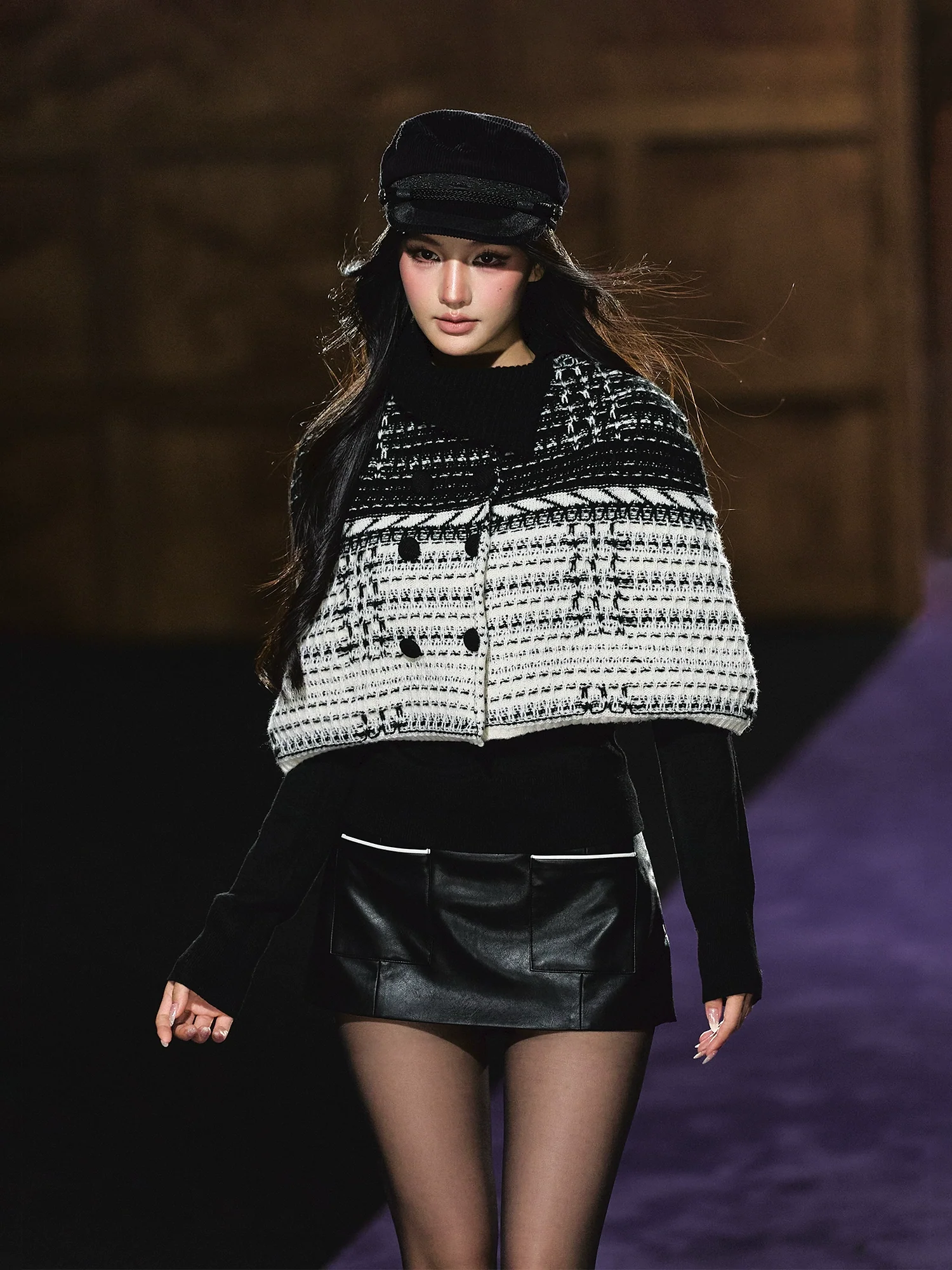 Tweed-Inspired Knit Cape & Crewneck Set