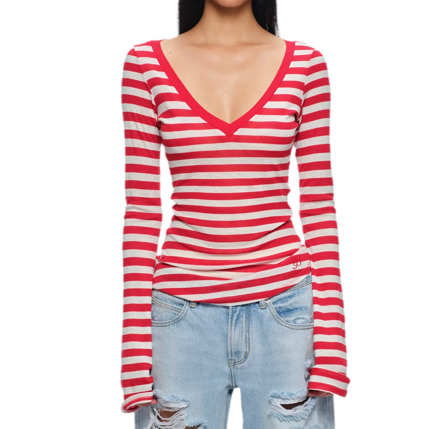Wool V-Neck Striped T-Shirt