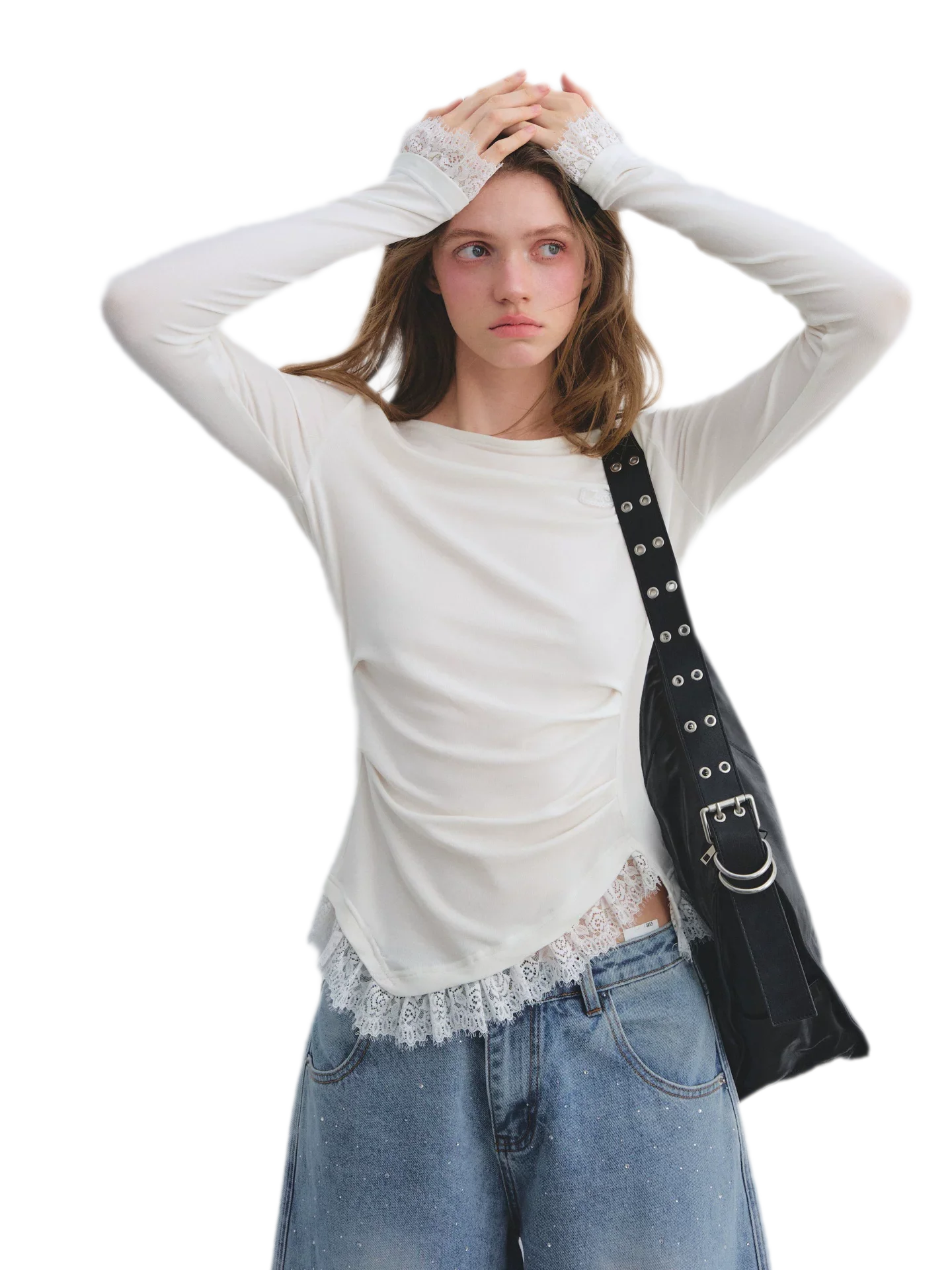 Lace Panel Ruched Hem Top