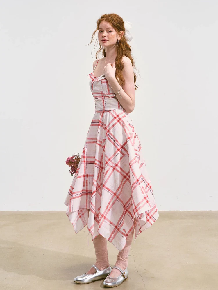 Plaid Irregular Waist-Cinching Spaghetti Strap Dress