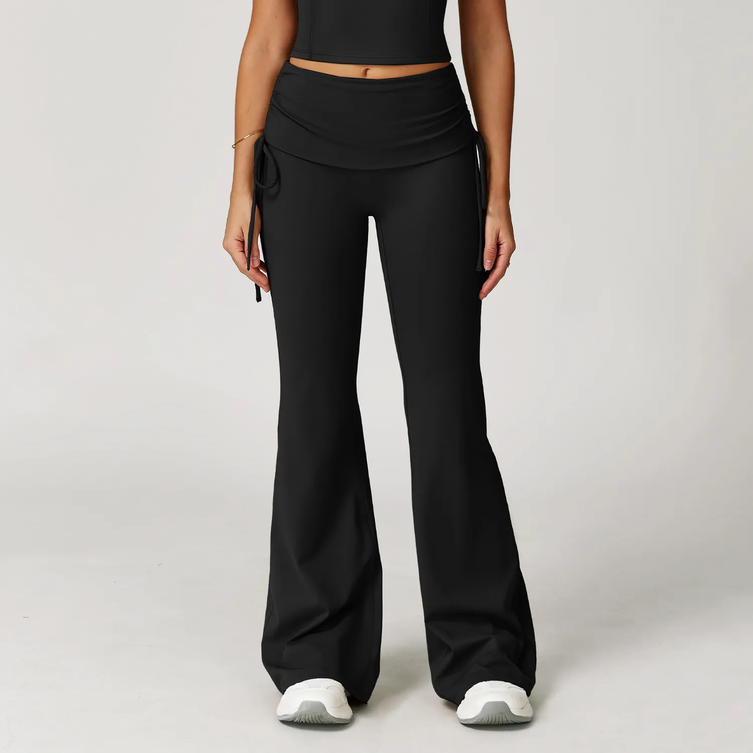 Folded Waist Yoga Flared Pants with Drawstring
