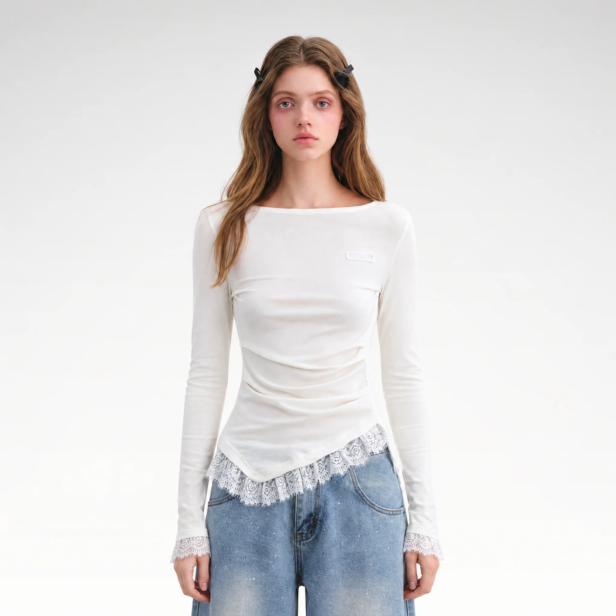 Lace Panel Ruched Hem Top