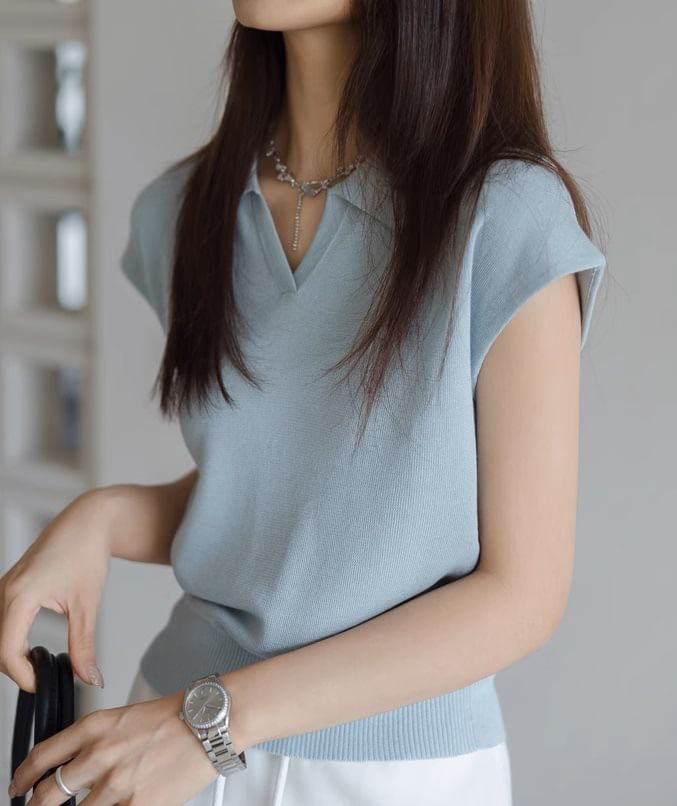 Plain Knit Top Collared Crop V-Neck Cap-Sleeve