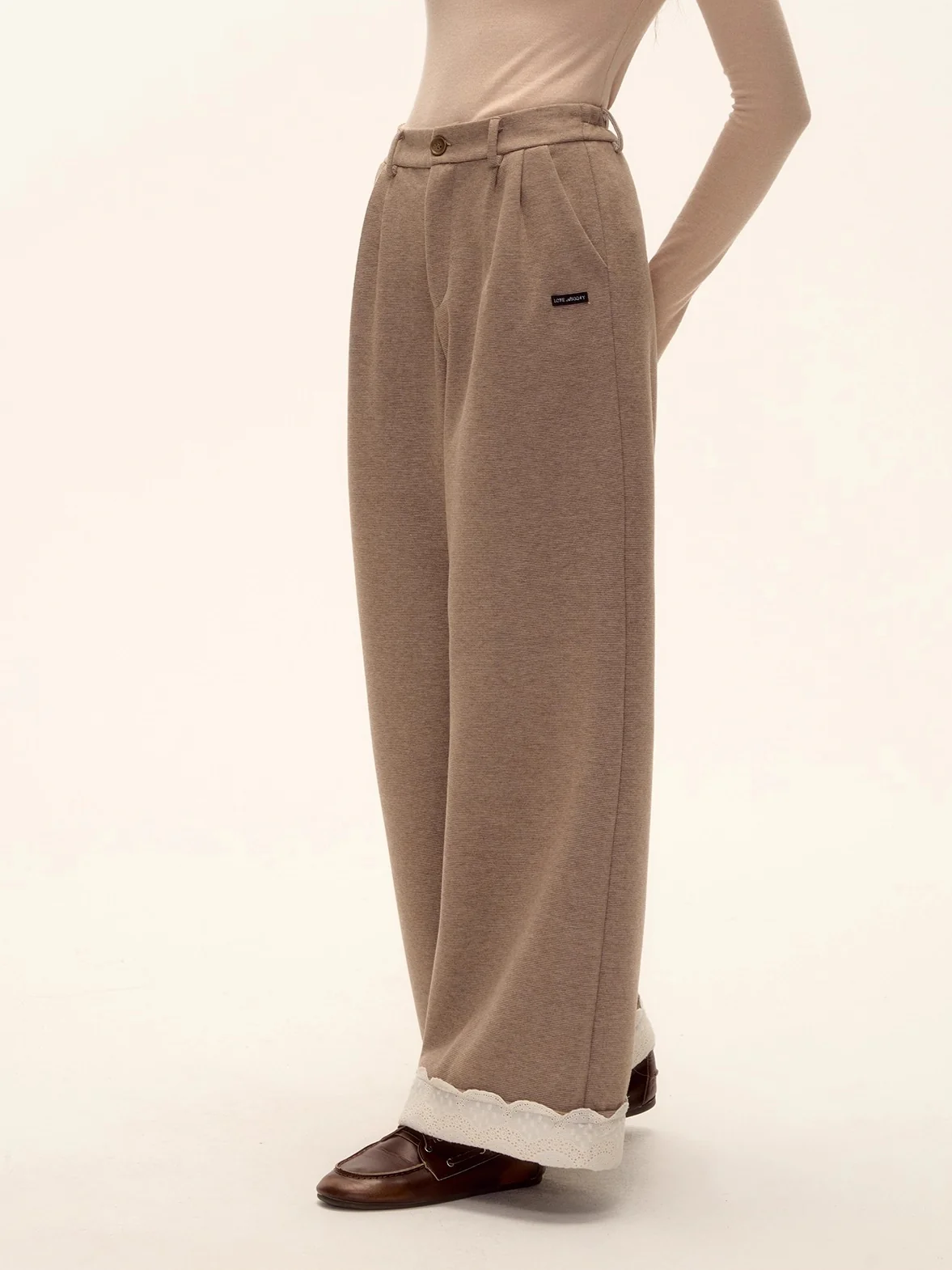Embroidered Hem Wool Blend Wide-Leg Trousers