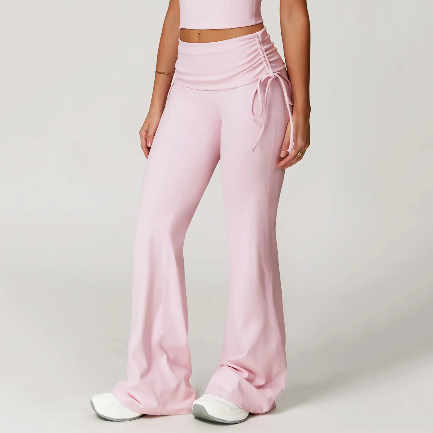 Folded Waist Yoga Flared Pants with Drawstring