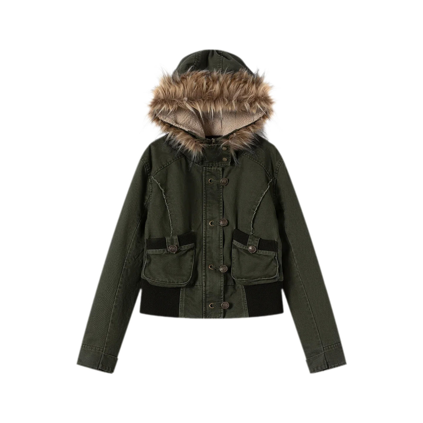 Washed Quilted Fur-Trim Hooded Jacket