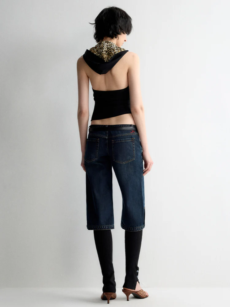 Ultra-Low Waist Straight-Leg Bermuda Jeans
