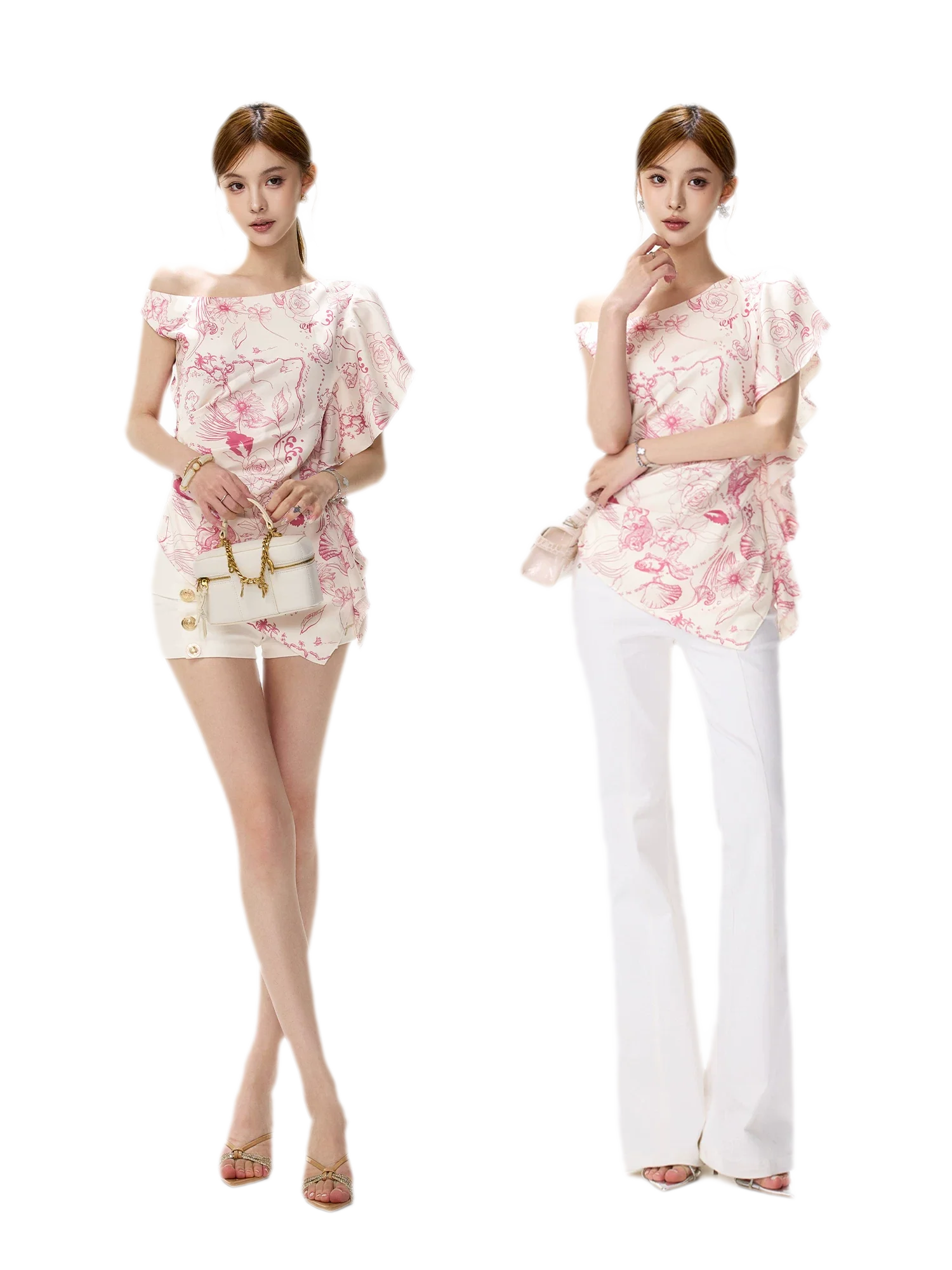 Printed One-Shoulder Ruffle Top