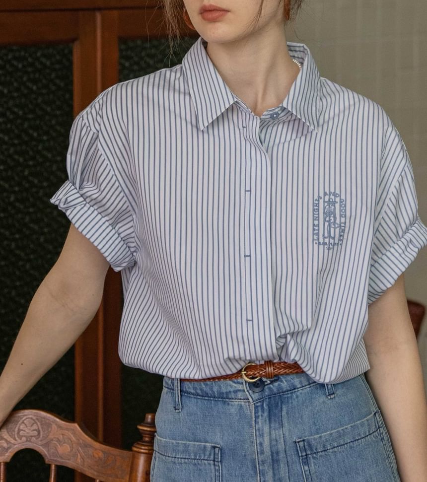 Striped Blouse Embroidered Button-Up Collared Elbow-Sleeve