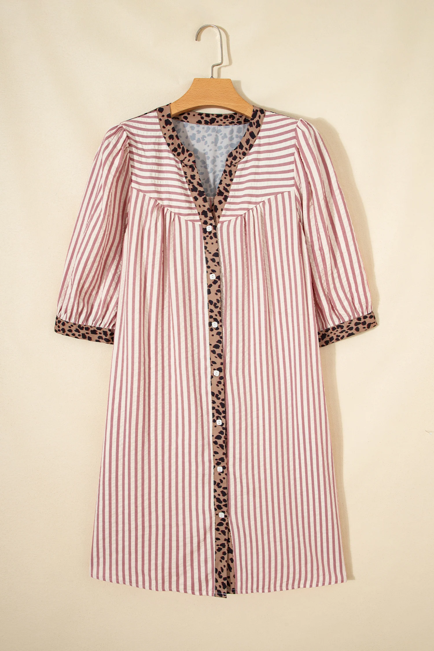 Pink Stripe Square Button Leopard Trim Loose Bracelet Sleeve Shirt Dress