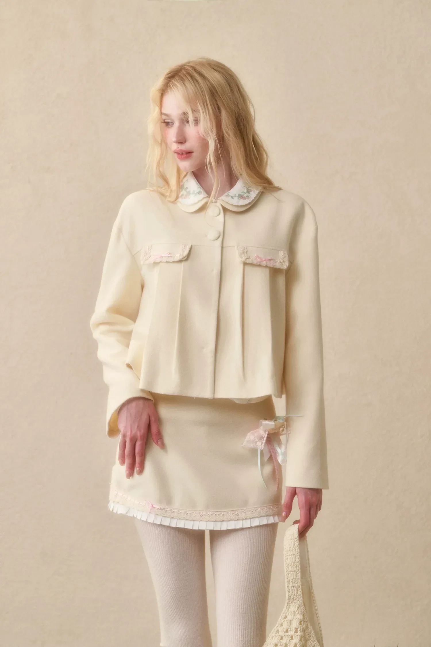 Embroidered Boxy Jacket Skirt Set