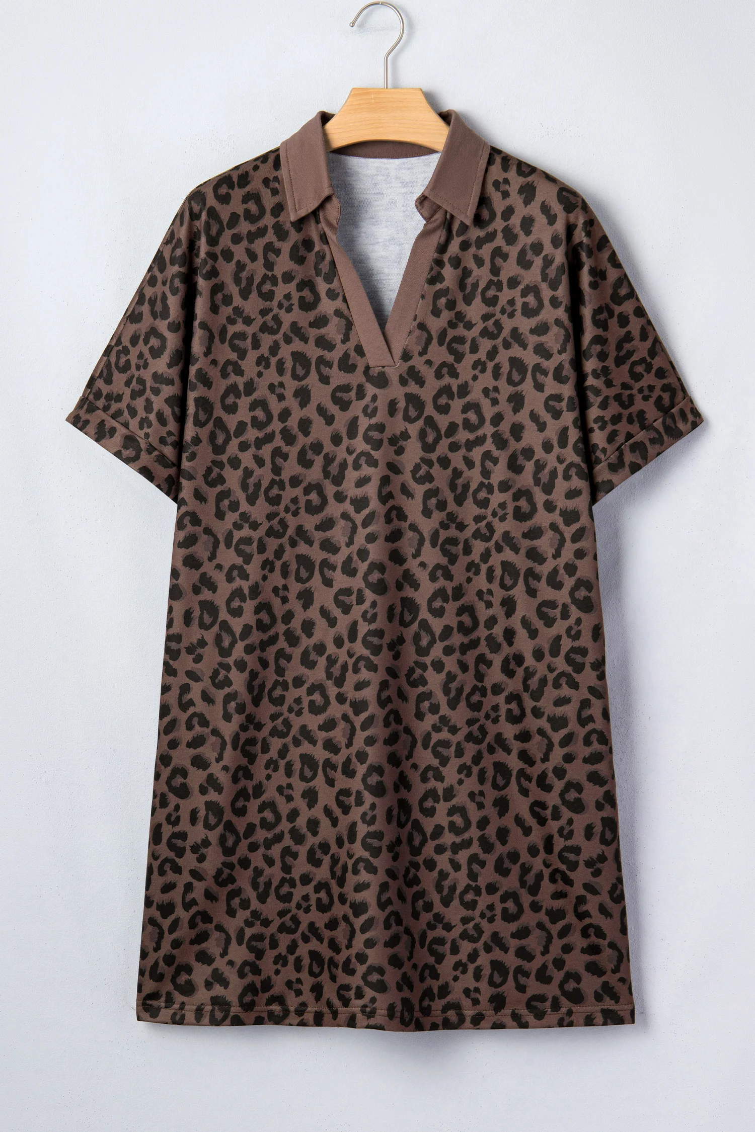 Brown Leopard Print Contrast Collar V-Neck Casual Mini Dress