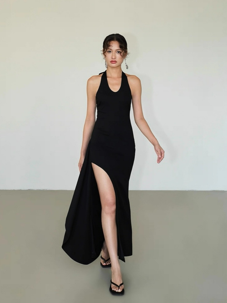 Alicia V-Neck High Slit Halter Tie Knit Dress