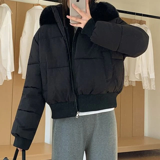 Furry Trim Hooded Zip-Up Puffer Jacket